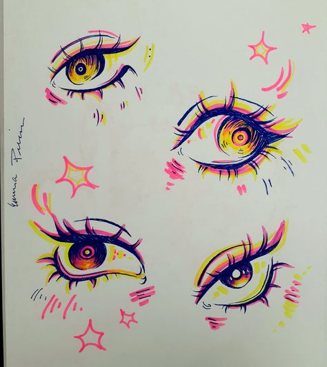 Got bored in class and found the original of this somewhere so I tried to draw it. Eye Shines Drawing, Highlighter Drawings Sketch, Highlighter Eyes, Tiny Doodles, Art Markers Drawing, Quick Art, Markers Drawing, Bored In Class, Color Pencil Illustration