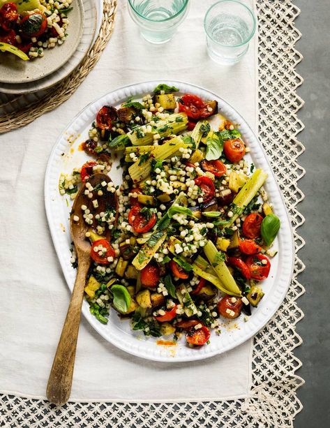 Roast aubergine, tomato and fregola salad recipe | House & Garden Fregola Salad, Roast Aubergine, Simple Vegetarian Recipes, Vegan Main Course, Lasagne Recipes, Recipes For Summer, Satisfying Salads, Small Pasta, Homemade Pesto