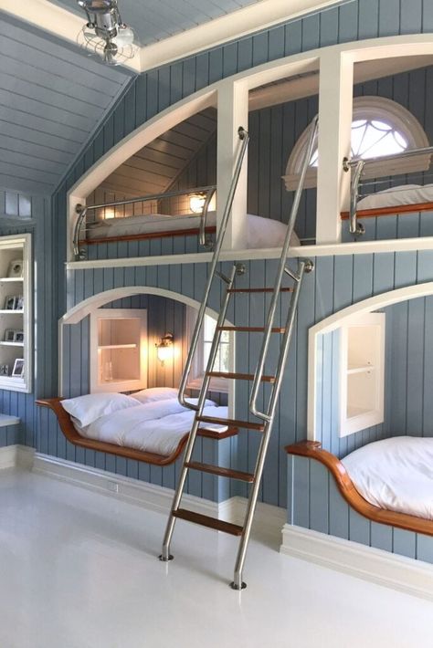 10 Nautical Kids Bedroom Design Ideas Aesthetic Bunk Bed, Boat Bedroom, Nautical Kids Bedroom, Blue Striped Walls, Kids Bedroom Design Ideas, Bunk Bedroom, Bunk Room Ideas, Sailboat Wall Decor, Hidden Room