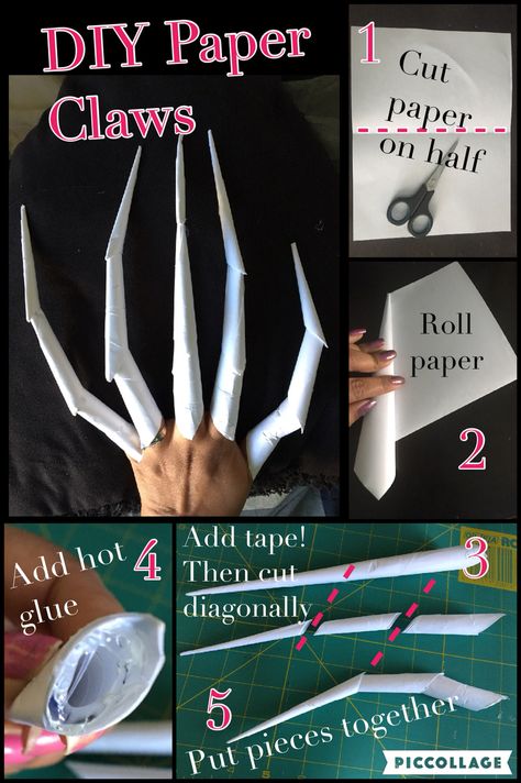 Halloween Claws Diy, How To Make Claws Out Of Paper, Paper Claws Tutorial, How To Make Paper Puppets, How To Make Claws, How To Make Paper Claws, Easy Fnaf Cosplay, Fnaf Crafts Diy, Diy Claws