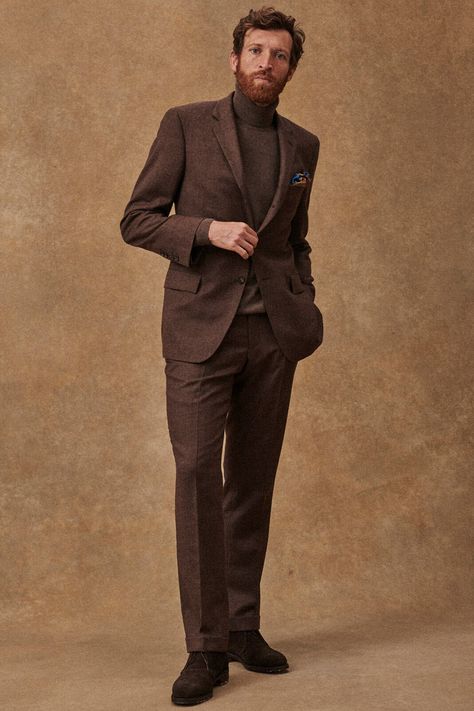 Monochrome Brown Outfit Men, Brown Velvet Blazer Outfit Men, Brown Suit Combinations Mens Fashion, Turtleneck Suit Outfit Men, Turtleneck Suit Men, Suit Turtleneck Men, Boots With Suits Men, Men Suits Aesthetic, Brown Turtleneck Outfit Men