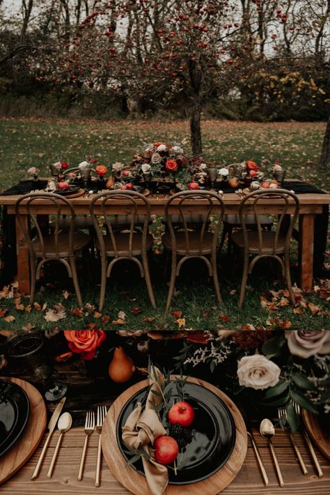 Fall Wedding Spooky, Fall Gothic Wedding Ideas, Backyard Halloween Wedding Ideas, Fall Solstice Wedding, Spooky Halloween Wedding Ideas, Fall Wedding Halloween, Dark Fall Themed Wedding, Halloween Wedding Outdoor, Witchy Backyard Wedding