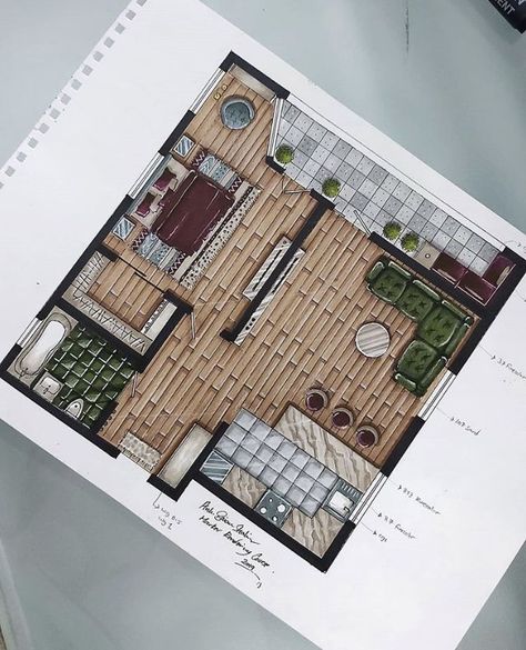 Markers Drawing Architecture, Interior Architecture Sketch, Architecture Reference, Interior Design Sketchbook, Rendered Floor Plan, Architecture Blueprints, Interior Design Layout, Furniture Design Sketches, Architecture Drawing Plan