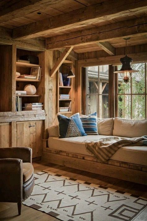 Window Nook Ideas, Rustic Tiny House, Cabin Interior Design, Window Nook, Log Cabin Interior, Rustic Log Cabin, Cabin Bedroom, Rustic Window, Log Cabin Decor