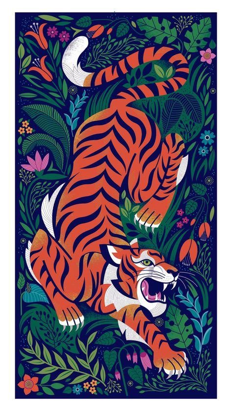 Crouching Tiger by Lucie Rice on Dribbble Tiger Mural Art, Jungle Graphic Design, Tiger Mural, Tiger In Jungle, Jungle Images, Indian Animals, Jungle Design, Tiger Images, Crouching Tiger