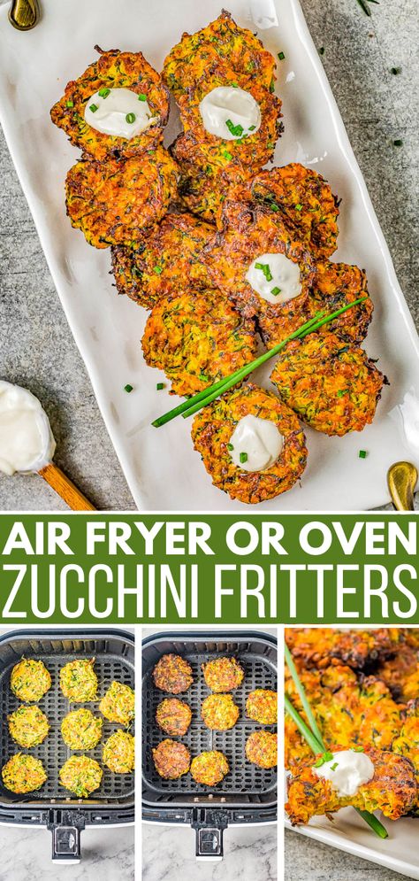 Air Fryer Zucchini Fritters - Lightly crisped on the outside, tender on the inside, and makes use of summer's most abundant vegetable! And air frying the zucchini fritters keeps them healthier than actual frying without sacrificing taste or texture! Perfect as an appetizer, side dish, or healthy main course. Oven baking instructions also provided. Air Fryer Zucchini Fritters, Zucchini Recipes Baked, Air Fryer Zucchini, Veggie Fritters, Bake Zucchini, Zucchini Fritters, Zucchini Fries, Fritter Recipes, Cooking With Olive Oil