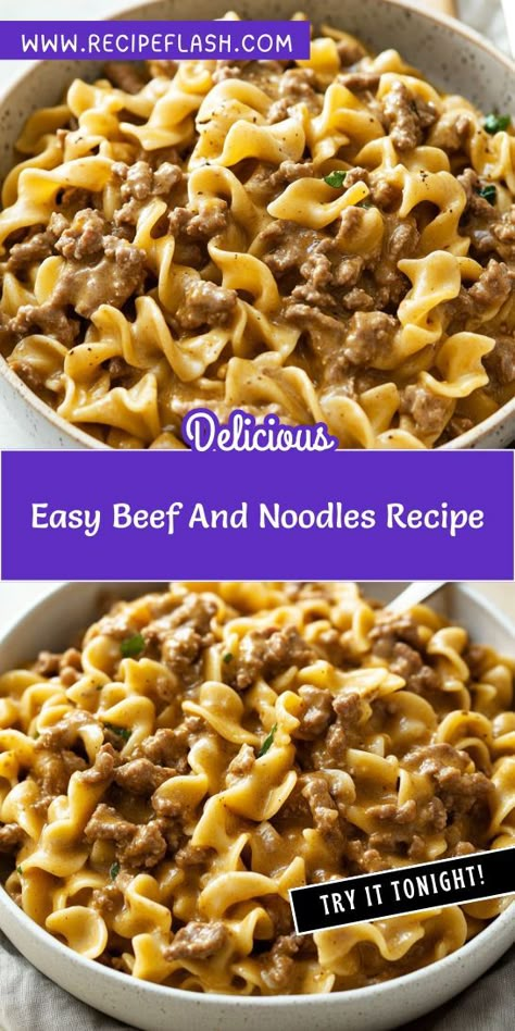 Craving a satisfying meal that’s easy to make? Our Easy Beef and Noodles Recipe is the perfect solution for busy weeknights! Packed with flavor and simplicity, it’s a go-to for ground beef recipes. Save this gem for when you need a tasty dinner idea! Ground Beef And Gravy Over Noodles, Ground Beef Easy Recipes Simple, Beef And Noodles With Hamburger, Beef And Egg Noodle Recipes Crock Pot, Recipes With One Pound Of Ground Beef, Egg Noodles With Ground Beef, Hamburger Beef And Noodles, Easy Ground Beef Noodle Recipes, Easy Beef Manhattan Recipe