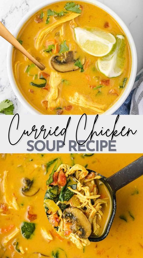 Curried Chicken Soup Recipe Whole 30 Curry Soup, Healing Crockpot Recipes, This Chicken Soup, Coconut Chicken Curry Soup Recipe, Lunch Meal Prep Soup, Whole Chicken Soup Recipes Homemade, Chicken Curry Rice Soup, High Protein Chicken Curry, Yellow Curry Chicken Soup