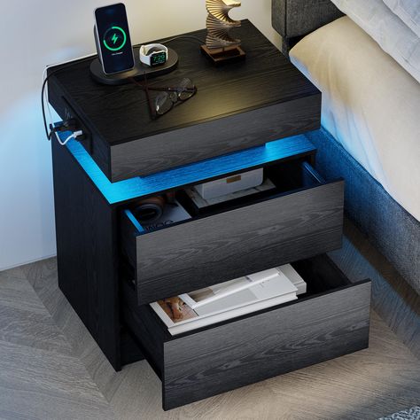 Modern Black Nightstand, Table For Bedroom, Black Nightstand, Wake Up In The Morning, Bedroom Essentials, Night Stand, Bedside Tables, Floor Space, Charging Station