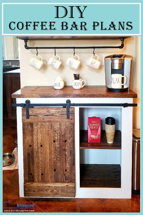 DIY coffee bar beverage bar plans Coffee Bar Table Diy, Diy Coffee Cabinet Ideas, Simple Diy Coffee Bar, Diy Wood Coffee Bar, Coffee Bar Plans Diy, Easy Diy Coffee Bar, Coffee Bar Building Plans, Coffee Bar Diy Farmhouse Style, Building A Coffee Bar