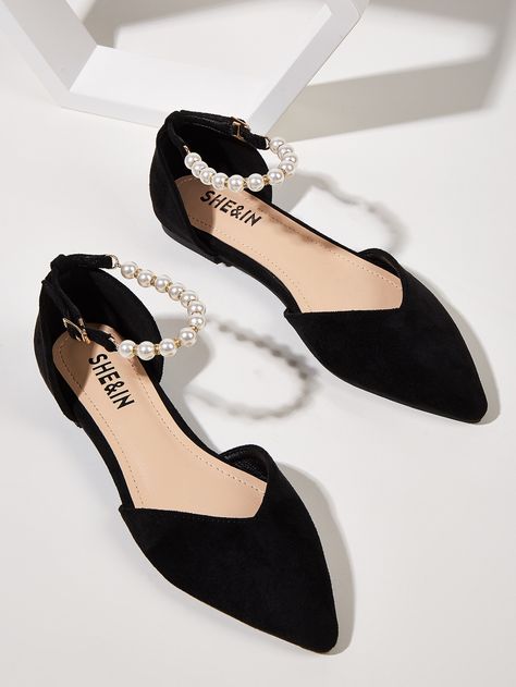 Faux Pearl Beaded Point Toe Ankle Strap Flats | SHEIN USA قلادات متدلية, Fancy Sandals, Indian Shoes, Fashion Shoes Heels, Strap Flats, Cute Shoes Heels, Shoes Heels Classy, Fashion Shoes Sandals, Classy Shoes