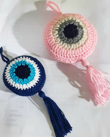 Free Evil Eye Crochet Pattern, Crochet Eye Keychain, Evil Eye Knitting Pattern, Third Eye Crochet, Crochet Evil Eye Free Pattern, Crochet Evil Eye Keychain Free Pattern, Evil Eye Crochet Keychain, Crochet Evil Eye Pattern, Crochet Car Charm Free Pattern