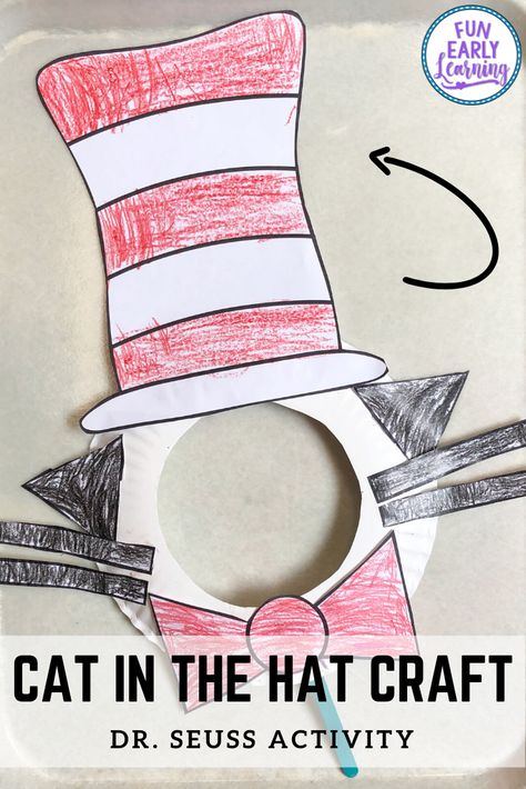 Dr. Seuss Cat in the Hat Paper Plate Kid's Craft! Fun and easy kid's craft with free template. Just print and create! Dr Seuss Hat Craft For Preschoolers, Dr Suess Kindergarten Crafts, Dr Suess Day Activities, Dr Seuss Cat In The Hat, Easy Dr Seuss Crafts For Kids, Dr Suess Cat In The Hat Crafts, Cat In The Hat Paper Plate Craft, Dr Suess Activities For Kids, Dr Suess Cat In The Hat