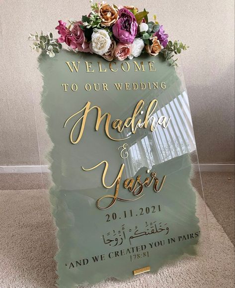 Welcome To Wedding Board, Nikkah Welcome Board, Welcome Board For Wedding, Acrylic Wedding Signs, Wedding Welcome Board, Im Obsessed, Wedding Planning Decor, Wedding Gifts Packaging, Sage Green Wedding