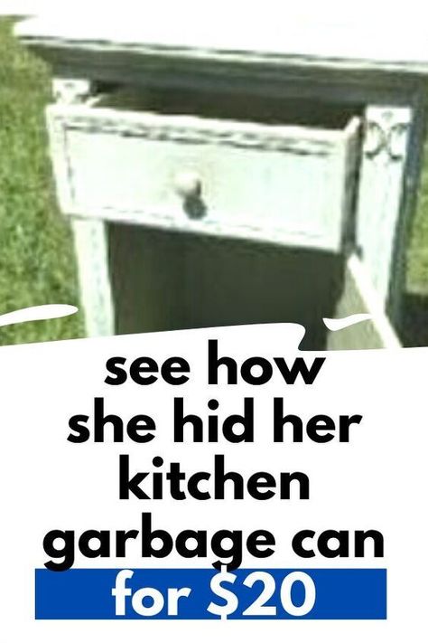 Check out this budget friendly idea to hide an ugly garabge can in your kitchen. This upcycled cabinets gets repurposed as a trash can storage unit for kitchen or home office or any room that you want to decorate on a budget. How To Hide Garbage Cans In Kitchen, Shabby Chic Cabinets Kitchen, Hide Kitchen Trash Can, Hide Trash Cans Kitchen, Diy Garbage Can Storage Kitchen, Trashcan Aesthetic, Kitchen Garbage Ideas, Trash Can Storage Kitchen, Kitchen Trash Can Ideas