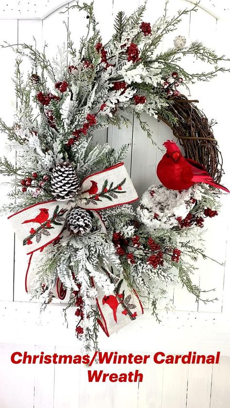 Christmas/Winter Cardinal Wreath | Christmas wreaths diy, Christmas wreaths, Christmas decorations Cardinal Wreaths Ideas, Cardinal Decorations, Cardinal Wreaths, Fete Saint Patrick, Fruit Kebabs, Winter Cardinal, Cardinal Christmas, Holiday Wreaths Diy, Christmas Garlands