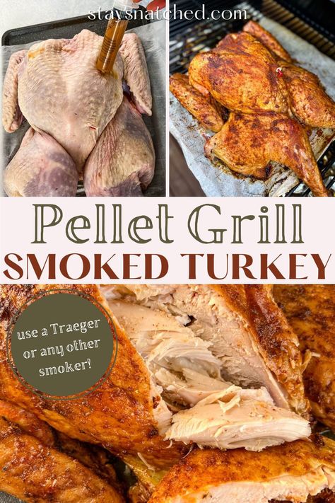 Whole Turkey On Pellet Grill, Traeger Smoked Turkey Recipes, Cooking Turkey On Traeger Grill, Traeger Turkey Brine, Traeger Spatchcock Turkey, No Brine Smoked Turkey, Injection For Smoked Turkey, Thanksgiving Turkey Traeger, Smoked Spatchcock Turkey Pellet Grill