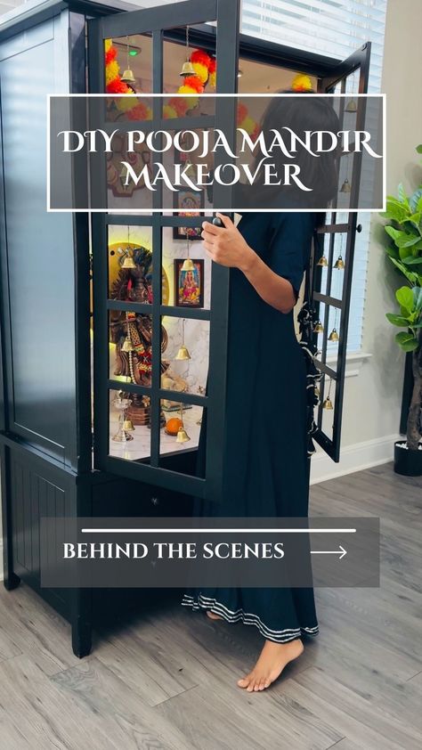 Behind the scenes of our DIY pooja mandir makeover! Comment 'LINKS' below for links to all the materials I used #poojaroom #poojaroomdecor… | Instagram How To Decorate Pooja Room, Pooja Space Ideas In Living Room, Mandir In Small Space, Diy Mandir Ideas Ikea, Pooja Room Shelf Ideas, Pooja Mandir Cabinet, Temple Diy Ideas, Mandir In Usa Home, Pooja Mandir Diy Ikea Hacks Usa