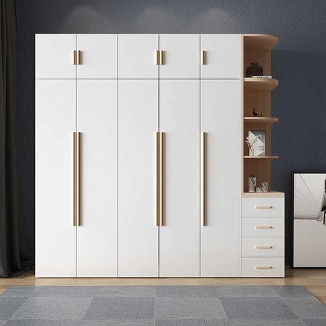 6door Wardrobe Design, Off White Cupboards Bedroom, Cupboard Design Outside, White Almari Design, Wardrobe With White Laminate, Wooden Wardrobes For Bedrooms, White Color Wardrobe Design, White And Wood Wardrobe Design, Types Of Wardrobe Closet