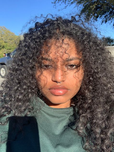 black girl septum piercing curly bangs long curly hairstyles Septum Black Women, 3b Bangs, Septum Piercing On Black Women, Black Septum Piercing, Septum Piercing Black, 3b Hairstyles, Biracial Women, 3b Hair, Cute Nose Piercings