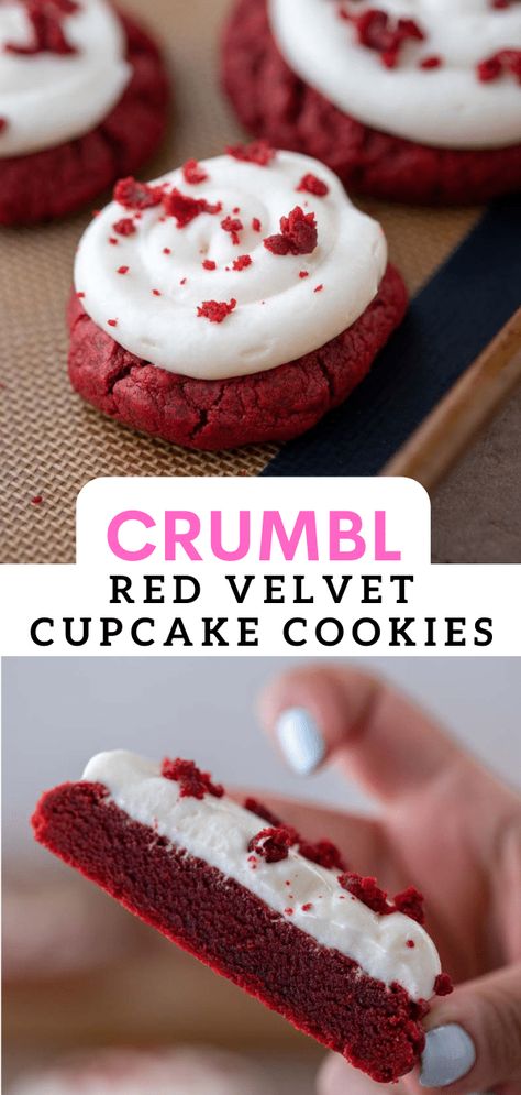 Easy Crumbl Red Velvet Cupcake Cookies - Lifestyle of a Foodie Dessert Recipes Crumbl Cookies, Buttermilk Pancake Crumbl Cookie, Crumbl Pink Velvet Cookie Recipe, Crumbl Cookie Copycat Red Velvet, Decorating Red Velvet Cupcakes, Chunky Red Velvet Cookies, Crumbl Cookie Red Velvet, Lifestyle Of A Foodie Crumbl Cookies, Strawberry Cupcake Crumbl Cookie