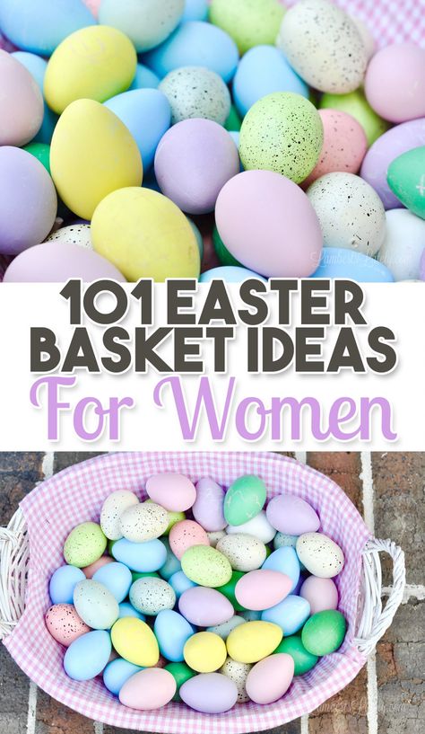 This list of over 100 Easter Basket Ideas for Women includes ideas for wives, moms, grandmothers, girlfriends and more - get practical and unique gift ideas for ladies with an Easter twist! Easter Basket For Friends Cute Ideas, Easter Basket For Mom Ideas, Women Easter Basket Ideas, Easter Basket For Grandma, Easter Gift For Mom, Easter Gifts For Girlfriend, Adult Daughter Easter Basket Ideas, Spring Gift Basket Ideas For Women, Easter Basket For Wife