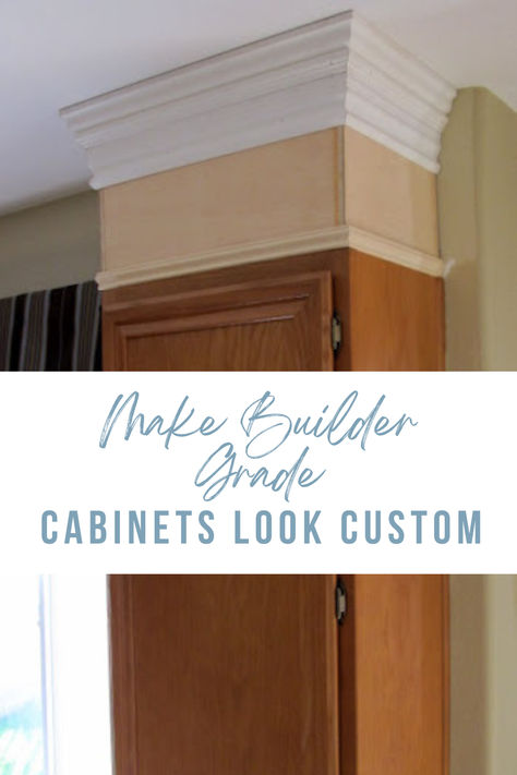 Achieve the look of a custom cabinet on your own. Using plywood, crown molding, and trim, we were able to add height to the cabinets making them look custom. Once you paint the wood and cabinet and add hardware, it looks like a brand new cabinet! Head over to the blog for the full tutorial! #diy Molding On Cabinets, Decorative Trim On Cabinets, Trim On Cabinets, Trim On Kitchen Cabinets, Adding Moulding To Cabinets, Making Kitchen Cabinets, Kitchen Cabinet Base Trim, Cabinet Trim Ideas, Crown Molding Cabinets