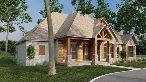 Vaulted Porch, Craftsman Home Exterior, Kitchen With Large Island, One Level House Plans, Grilling Porch, One Story House, European Plan, French Country House Plans, House Plans One Story