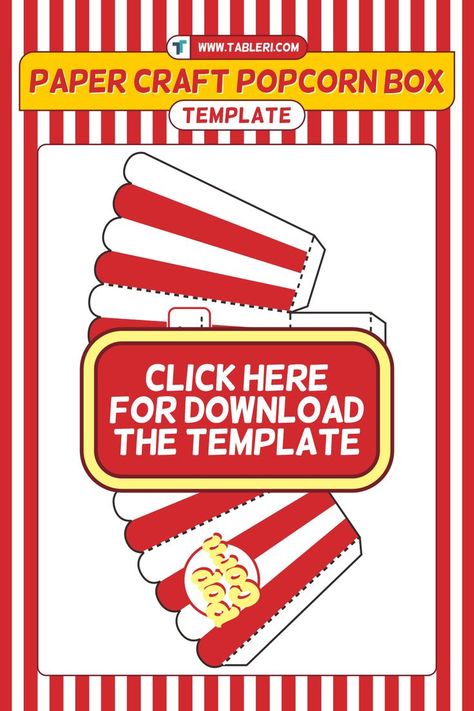 Watching movie is alway acompany by popcorn! Watch this video to make paper craft popcorn box! Click this pin to download the template. Free Printable Popcorn Boxes, How To Make Popcorn In A Paper Bag, Popcorn Containers Diy, Popcorn Cups Diy, How To Make A Popcorn Box Out Of Paper, Popcorn Box Template Printable Free, Printable Popcorn Box Template, Free Popcorn Printables, Popcorn Decorations Diy