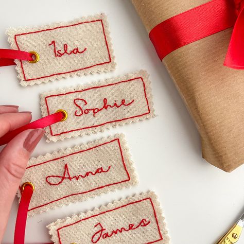 Present Personalised Tag – Stitch Ambition Sewn Gift Tags, Christmas Present Sewing Ideas, Cute Christmas Gifts Homemade, Christmas Stockings Tags, Hanger Name Tags, Cricut Wrapping Ideas, Hand Embroidered Christmas Napkins, Beginner Sewing Christmas Gifts, Reusable Decorations Party