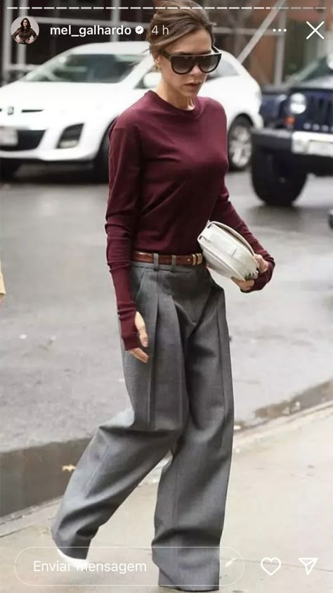 Grey Trousers Street Style, Burgundy With Grey Outfit, Grey Burgundy Outfit, Grey Trousers Outfit Women Street Style, Burgundy And Grey Outfits, Burgundy Trousers Outfit, Grey Trousers Outfit Women, Grey Trousers Outfit, Burgundy Trousers