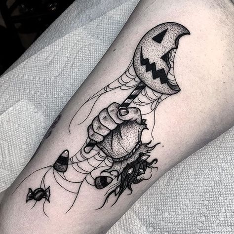 Horror Tattoo Filler, Spooky Filler Tattoo Ideas, Fine Line Horror Tattoo, Mini Horror Tattoos, Sam Trick R Treat Tattoo, Simple Horror Tattoo, Drawing Piercings, Trick R Treat Tattoo, Spooky Sleeve Tattoo