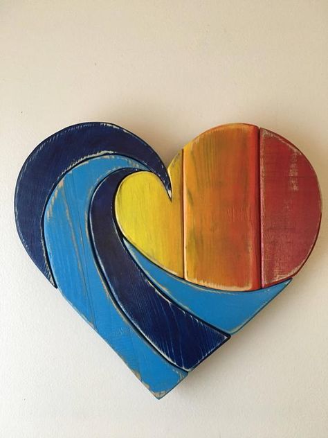 Heart Sunset, Blue Green Art, Art Plage, Resin Beach, Rustic Wood Wall Art, Wooden Artwork, Reclaimed Pallets, Wood Pallet Art, Surf Decor