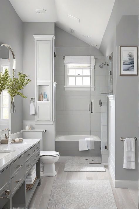 Grey Bathroom With Wood Floor, Bathroom Light Gray Walls, Bathroom Colors With Gray Vanity, Grey Bathroom Cabinets Color Palettes, White Bathroom Color Schemes, Gray Bathroom Ideas Colour Palettes, Light Gray Tile Bathroom, Gray Paint Colors For Bathroom, Grey Paint Bathroom