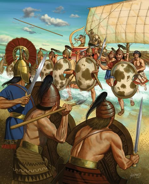 Ancient Troy, Age Illustration, Greek Warriors, Bronze Age Civilization, Sea Peoples, Historical Warriors, Greek Warrior, Ancient Greek Art, Ancient Warfare