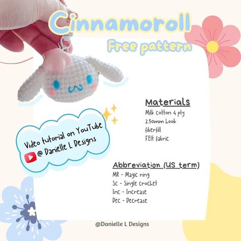 cinnamoroll crochet pattern • Instagram Cinnamonroll Sanrio Crochet Pattern, Sanrio Cinnamoroll Crochet Pattern, Cinnamoroll Crochet Keychain, Crochet Cinnamoroll Keychain, Cinamoroll Crochet Pattern, Cinnamoroll Crochet Pattern Free, Crochet Cinnamoroll Free Pattern, Cinnamoroll Crochet Pattern, Cinnamon Roll Crochet