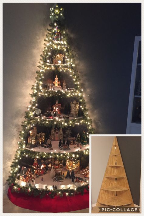 DIY Christmas Tree Village Stand!!   FREE VIDEO TUTORIAL- https://youtu.be/Hft6t36NeQE We finished our video tutorial on YouTube. Thank you so much for the likes and comments! Please post pictures of your decorated village trees!! Christmas Tree Village, Creative Christmas Trees, Christmas Village Display, Wood Christmas Tree, Christmas Villages, Noel Christmas, Christmas 2019, Diy Christmas Tree, Christmas Deco