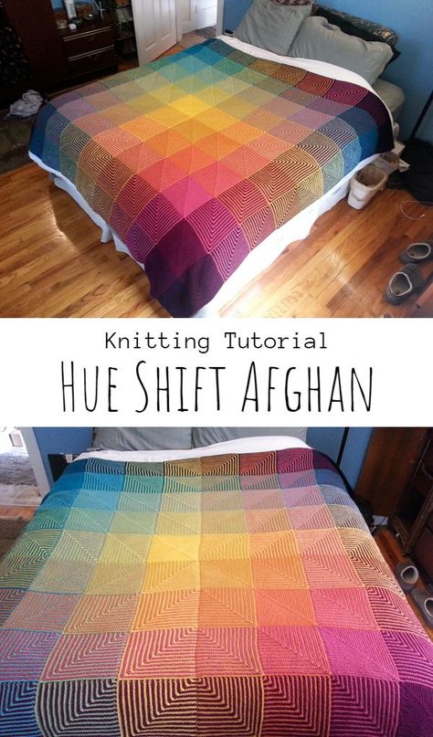 Hue Shifting Tutorial, Knit Afghan Squares Patterns Free, Hue Shift Afghan, Knitted Blankets Squares Block Patterns, Knit Squares Blanket, Knit Bedspread, Patchwork Afghan, Knit Afghan Patterns, Knitted Blanket Squares