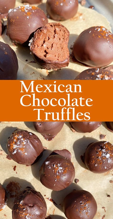 These Mexican Chocolate Truffles have a creamy chocolate filling that's lightly spiced and coated in dark chocolate. These spicy Mayan chocolate truffles are paleo, vegan, nut free and dairy free - the perfect no bake dessert! #mexicanchocolate #chocolatetruffles #nobakedesserts #healthydesserts #vegan #paleo Vegan Chocolate Candy Recipes, Gluten Free Chocolate Truffles, Dairy Free Mexican Dessert, Vegan Truffles Chocolate, Vegan Mexican Dessert Recipes, Mexican Chocolate Recipes, Vegan Nut Free Desserts, Vegan Mexican Desserts, Mexican Chocolate Desserts