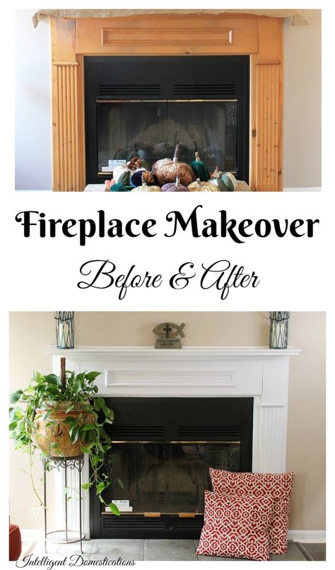 Fireplace-Makeover-Before-and-After-pictures.-We-painted-our-natural-wood-fireplace-white-and-love-it.-See-the-Before-and-After-to-help-you-decide-if-you-should-paint-your-fireplace-too Gas Fireplace Makeover, Before And After Fireplace, Painted Fireplace Mantels, Fireplace Makeovers, Fireplace White, Home Remodel Before And After, Fireplace Redo, Oak Fireplace, Fireplace Update