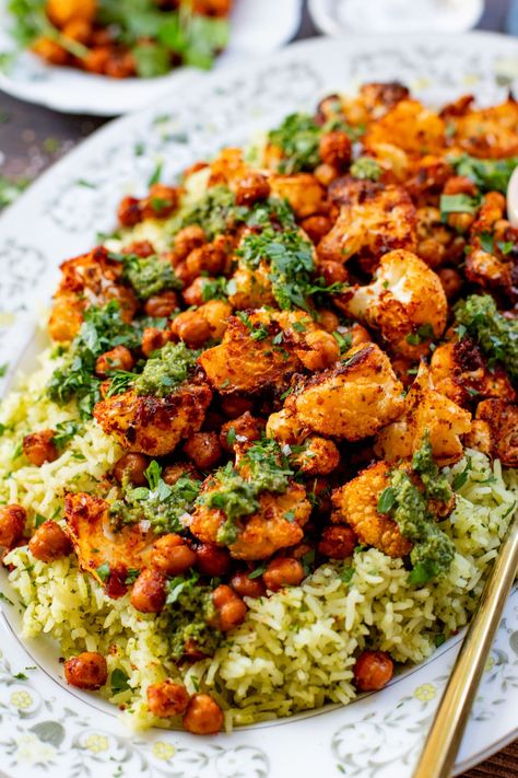 Roasted Cauliflower with Chimichurri Rice - This Savory Vegan Vegan Dinner Cauliflower, This Savory Vegan, Peri Peri Cauliflower, Veggie Entree Recipes, Cauliflower Entrees, Chimichurri Vegetables, Healthy Summer Dinner Recipes Vegetarian, Creative Vegetarian Recipes, Cauliflower Vegan Recipes