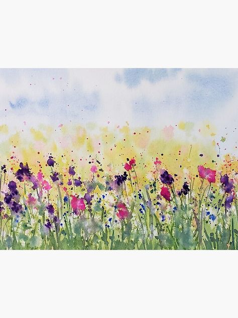 Easy Watercolor Wildflowers, Meadow Watercolor Painting, Wild Flower Painting Acrylic Tutorial, Watercolour Meadow, Wildflowers Field, Watercolor Meadow, Thumb Print, Watercolor Wildflowers, Field Painting