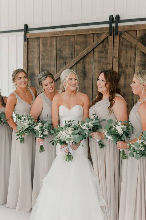 Light Taupe Bridesmaid Dresses, Taupe Azazie Bridesmaid Dresses, Taupe And Blue Wedding, November Bridesmaid Dresses, Taupe Bridal Party, Azazie Taupe, Bridesmaids Colors Summer, Taupe Wedding Colors, Neutral Bridesmaids Dresses