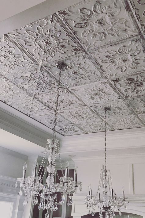 Farmhouse Ceiling Ideas, Painted Tin Ceiling Tiles, American Tin Ceiling, Metal Ceiling Tiles, Hawthorne House, Faux Tin Ceiling, Faux Tin Ceiling Tiles, Decorative Ceiling Tile, Faux Tin