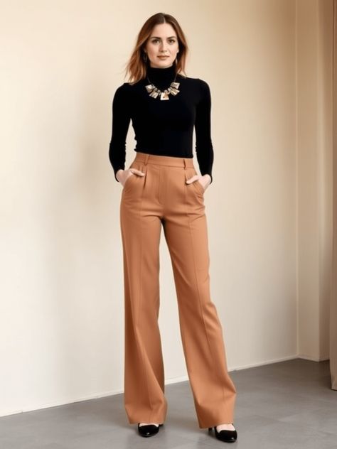 Stylish fall work outfit with wide-leg trousers and turtleneck Wide Leg Interview Outfit, Sweater Outfits For Work Office Wear, Dress Pants Outfits With Heels, Stylish Work Clothes For Women, Tan Colored Pants Outfit, Loose Pants Work Outfit, Camel Trousers Outfit Women, Anthropology Work Outfit, Burgundy Wide Leg Trousers Outfit