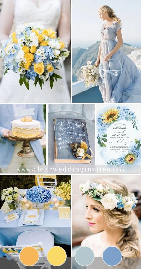 Yellow And Blue Wedding Colors, Wedding Color Schemes Blue And Yellow, Light Blue And Pale Yellow Wedding, Wedding Colors Blue And Yellow, Early Summer Wedding Colors, White Wedding Color Schemes, April Wedding Colors Spring, Yellow And Teal Wedding, Light Blue And Yellow Wedding