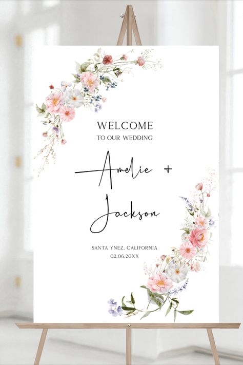 wedding welcome sign with floral details Welcome Sign Minimalist, Small Outdoor Wedding, Wedding Color Schemes Spring, Elopement Party, Watercolor Wildflowers, Spring Wedding Colors, Welcome Sign Template, Spring Wedding Inspiration, Elegant Watercolor