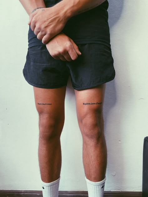 Tattoo On Quadriceps, Quad Tattoo For Men Words, Knee Font Tattoo, Men’s Tattoo On Knee, Minimal Thigh Tattoos Men, Mens Tattoos Ideas Thigh, Leg Word Tattoo Men, Above Knee Text Tattoo, Minimalist Thigh Tattoos Men