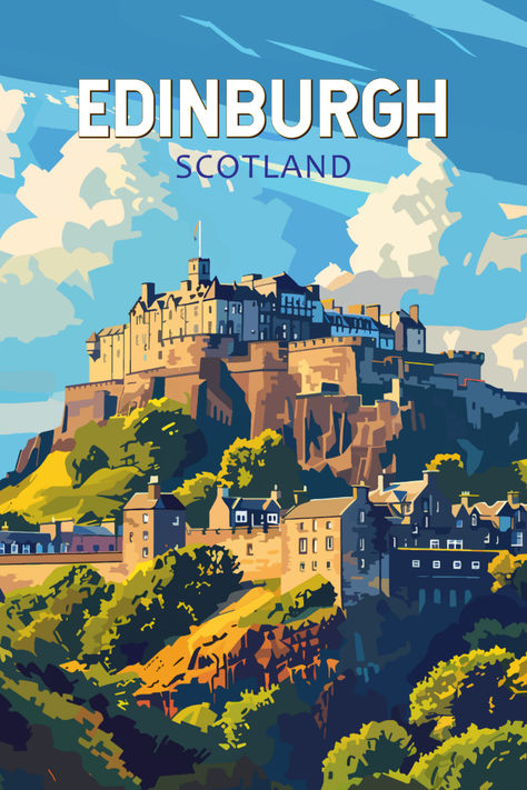 Retro-style illustration of Edinburgh, Scotland, featuring the iconic Edinburgh Castle perched on a hill with the cityscape and lush greenery in the foreground under a bright blue sky with scattered clouds. Scotland Poster, Edinburgh Scotland Travel, Edinburgh Travel, Travel Collage, Travel Poster Design, Poster City, Edinburgh Castle, Travel Illustration, Landscape Poster