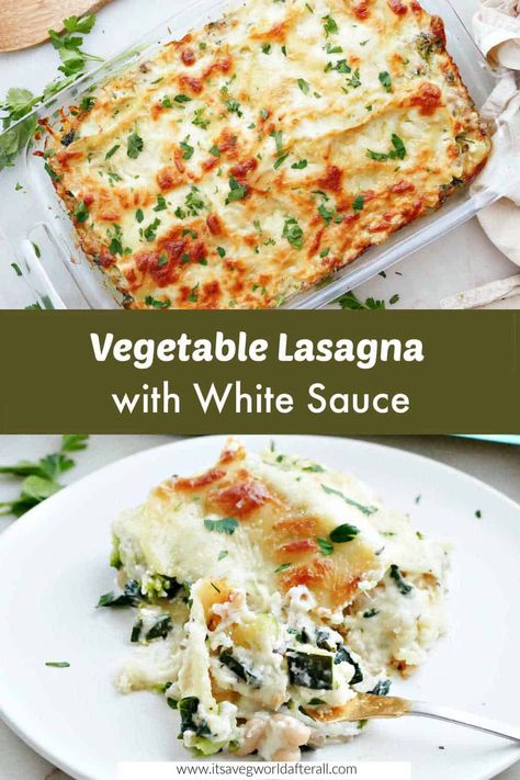 This creamy vegetable lasagna with white sauce is full of veggies, including broccoli, zucchini, mushrooms, spinach, and white beans. It's a great vegetarian dinner recipe for a crowd! Lasagna With White Sauce Recipe, Lasagna Recipe With Zucchini, Healthy Vegetable Lasagna, Vegetable Lasagna With White Sauce, Lasagna With White Sauce, White Lasagna Recipe, White Sauce Lasagna, Veggie Lasagna Recipe, Creamy White Sauce